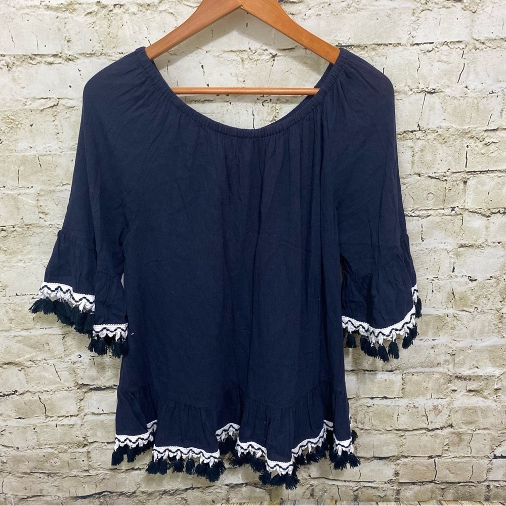 Crown & Ivy Blue White Tassle Off The Shoulder Boho Top